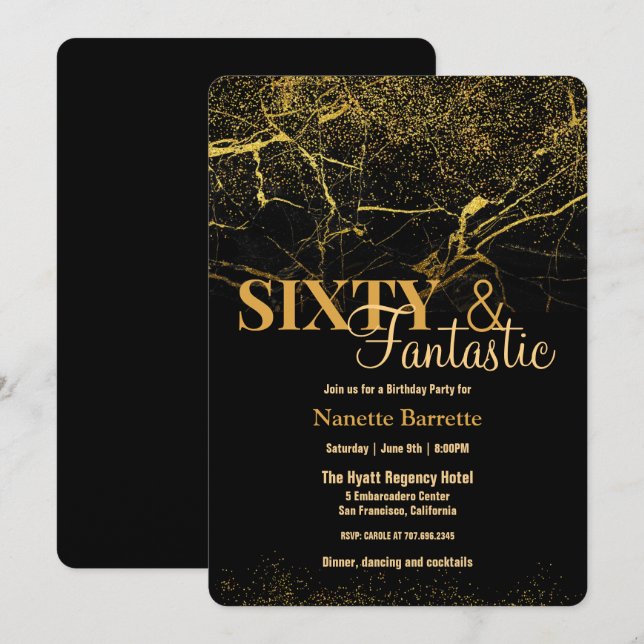 60 & Fantastic Gold/Black Marble Elegant Birthday  Invitation (Front/Back)