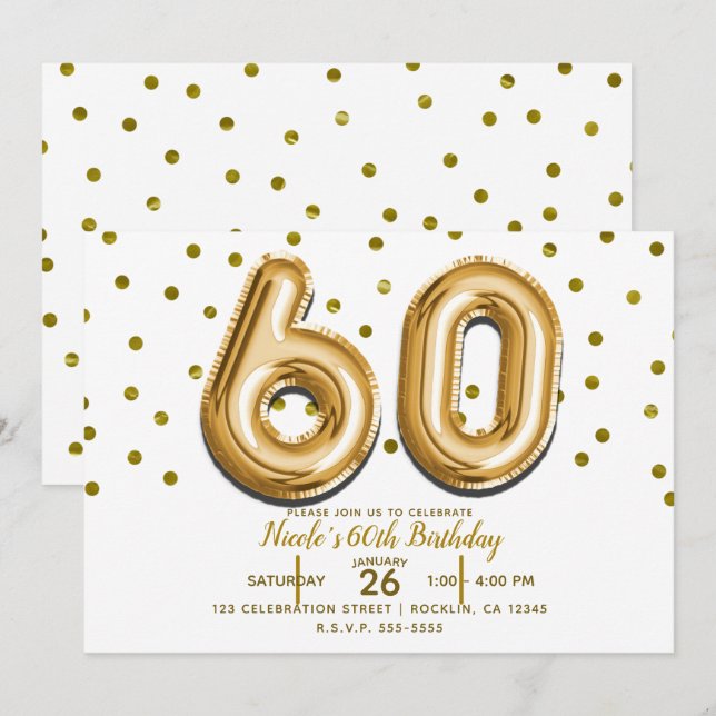 60 Gold Balloons & Confetti 60th Birthday Party Invitation (Front/Back)