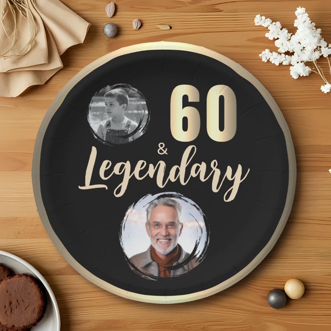 60 & Legendary 2 Photos 60th Birthday Gold Paper Plates (Creator Uploaded)