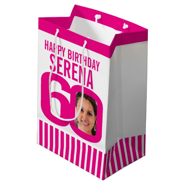 60 photo in the 0 pink white birthday gift bag (Back Angled)