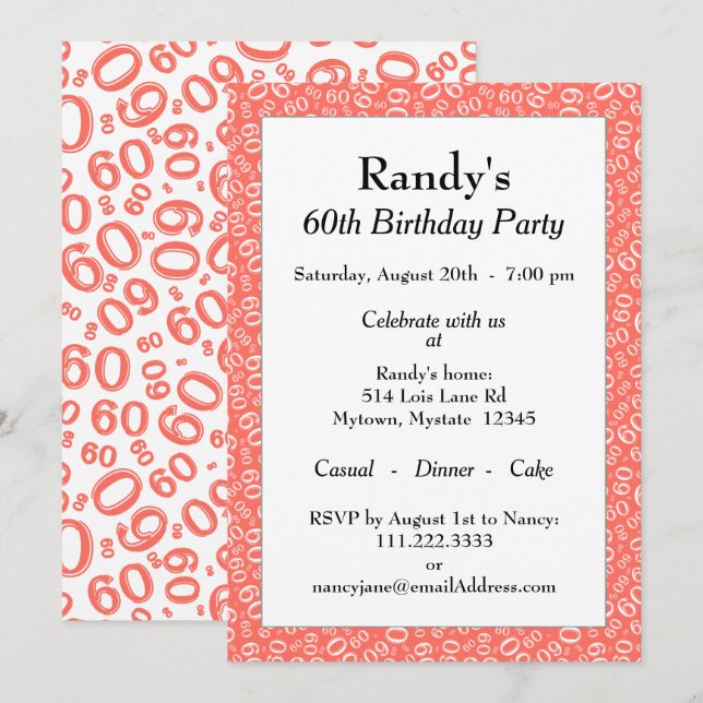 60 Random Number Pattern Coral/White 60th Invitation (Front/Back)