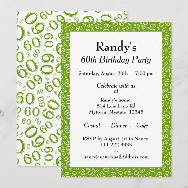60 Random Number Pattern Green/White 60th Invitation (Front/Back)