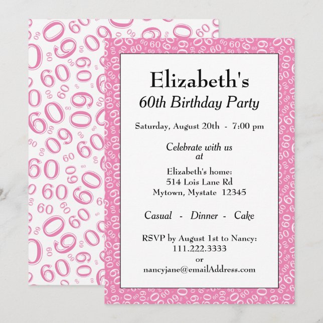 60 Random Number Pattern Pink/White 60th Invitation (Front/Back)