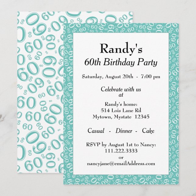 60 Random Number Pattern Teal/White 60th Invitation (Front/Back)