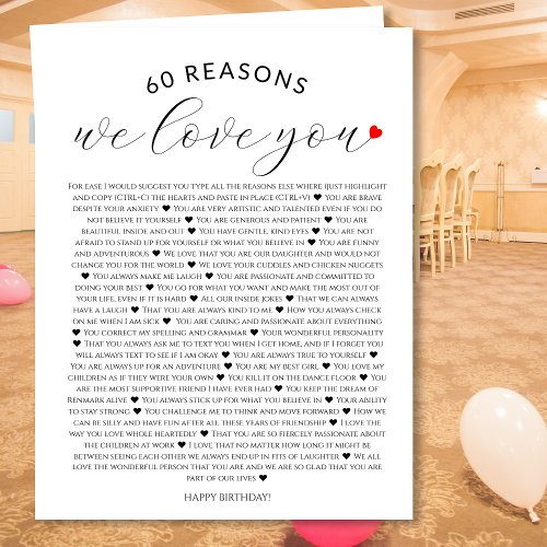 60 reasons why we love you 80th 60th birthday 40th