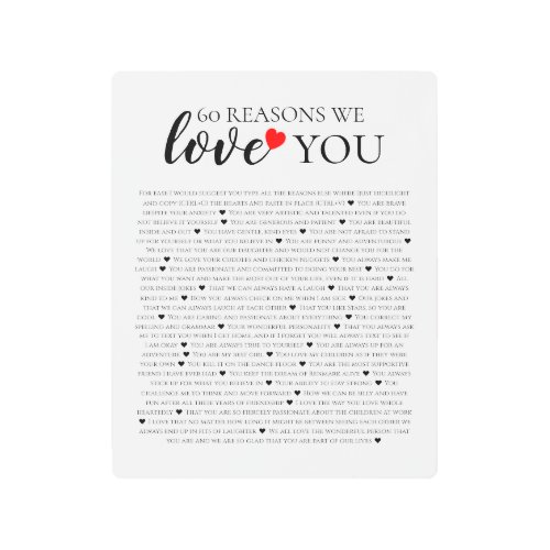 60 reasons why we love you 80th 60th birthday 40th metal print