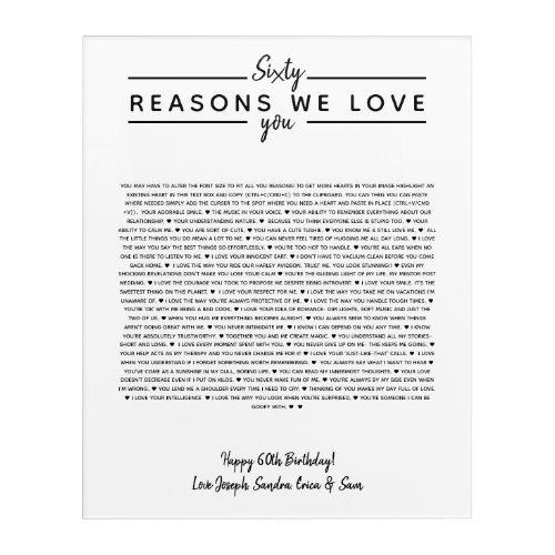 60 reasons why we love you birthday gift for him acrylic print