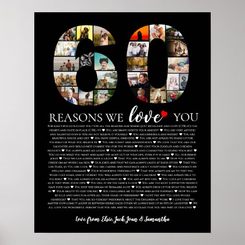 60 reasons why we love you milestone birthday poster