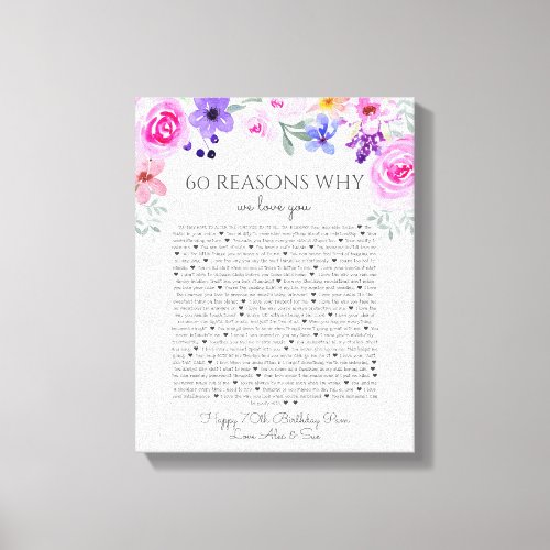 60 reasons why we love you purple pink floral canvas print