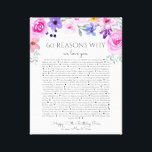 60 reasons why we love you purple pink floral canvas print<br><div class="desc">This is a DO IT YOURSELF XX Reasons why we love you. roses reasons we love you,  editable 50 Reasons,  60th birthday,  editable,  80th birthday,  memories,  love you,  mom,  You can edit the main body text. Designed by The Arty Apples Limited</div>