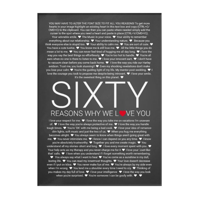 60 reasons why we love you wedding vow love you acrylic print (Front)