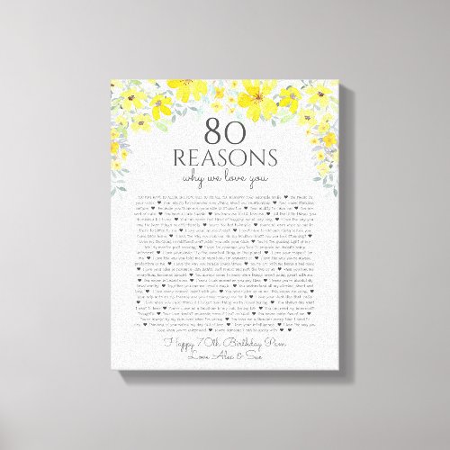 60 reasons why we love you yellow grey floral canvas print
