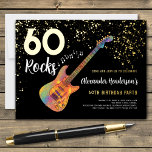 60 Rocks 60th Birthday Party Gold Black Foil Invitation<br><div class="desc">60 Rocks with this cool rock music themed 60th birthday party modern invitation. Rock and roll colorful funky electric guitar with gold glitter and musical note illustrations with personalized gold modern calligraphy typography on a black background. This easy to use template creates the perfect personalized invitation to celebrate sixty in...</div>