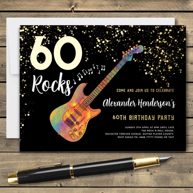 60 Rocks 60th Birthday Party Gold Black Foil Invitation (60 rocks guitar black and gold glitter foil custom 60th birthday party invitation guitarist musician)