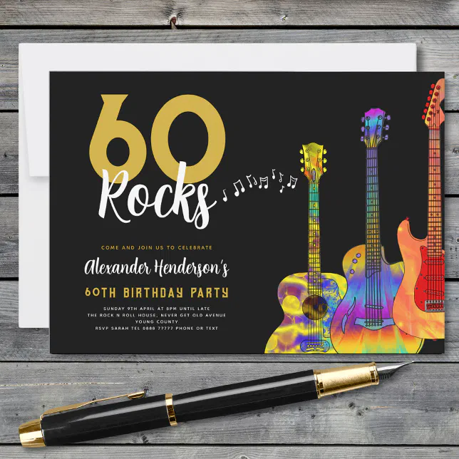 60th Rocks 60 Rocks Guitar 60th birthday party Invitation | Zazzle