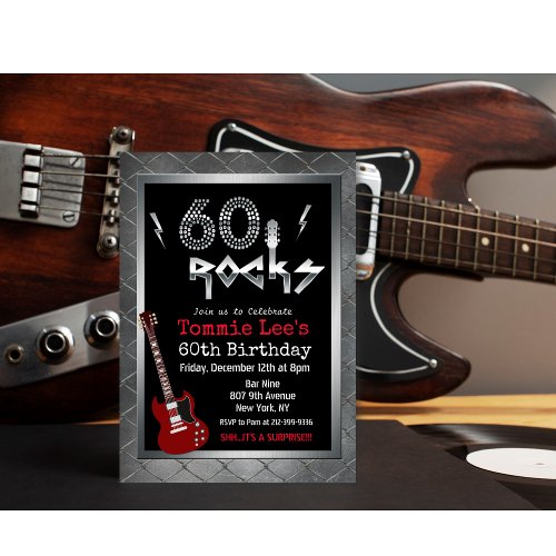 60 Rocks Rockstar Guitar 60th Birthday Invitation