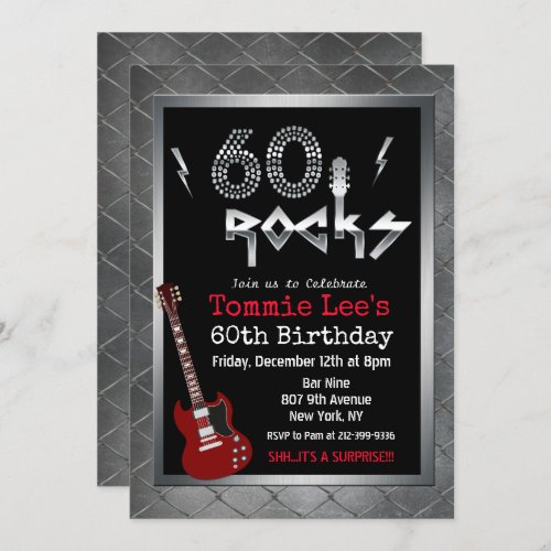 60 Rocks Rockstar Guitar 60th Birthday Invitation