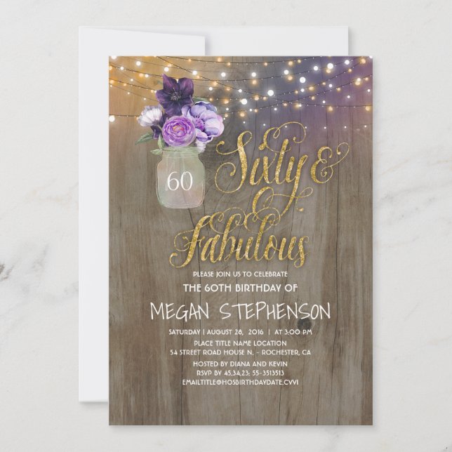60 Rustic Birthday - Purple Flowers Mason Jar Gold Invitation (Front)