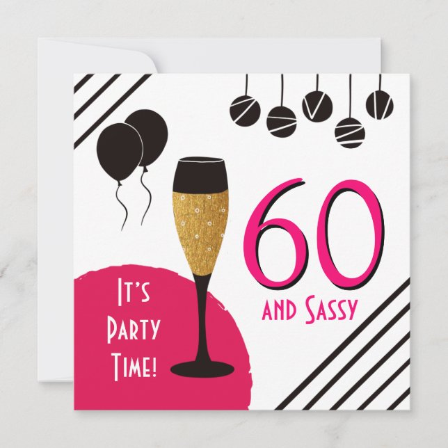 60 Sassy Artsy Pink Black Gold Photo Invitation (Front)