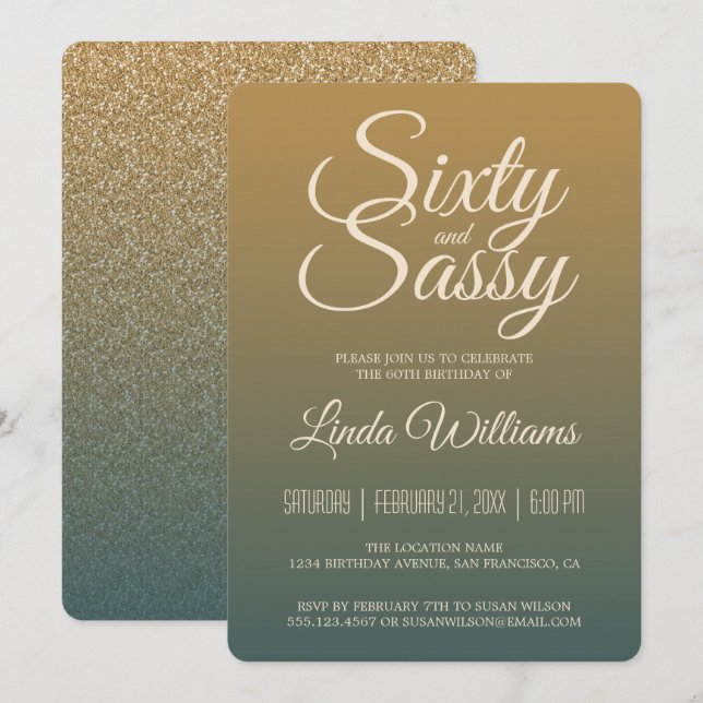 60 Sassy Gold Emerald Ombre 60th Birthday Party Invitation (Front/Back)