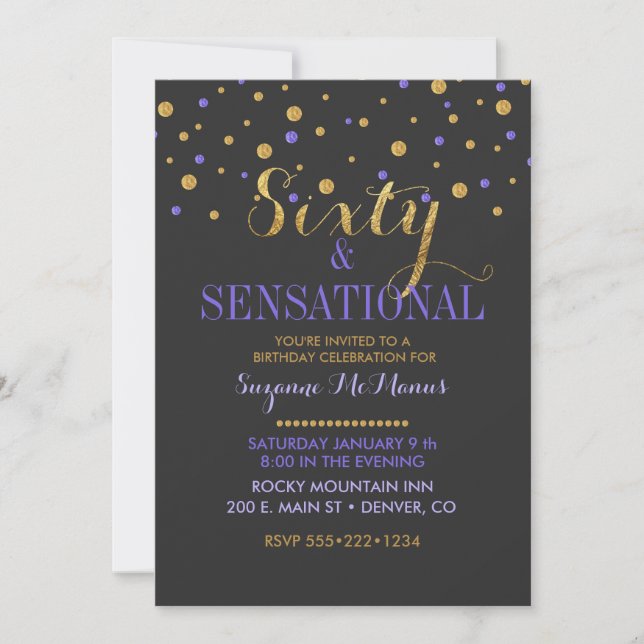 60 & Sensational Purple & Gold Confetti Dots Invitation (Front)