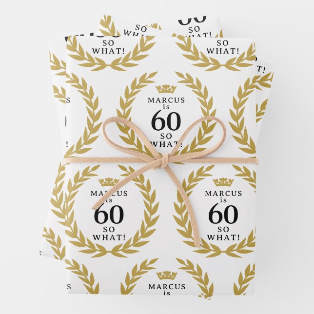 60 So what Funny Laurel Wreath Crown 60th Birthday Wrapping Paper Sheets (In situ)