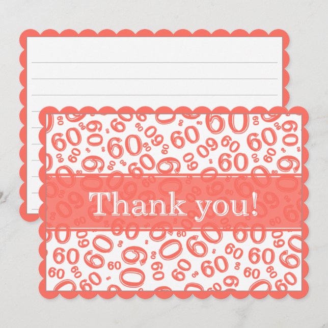 60 "Thank you!" Coral/White Number Pattern Thank You Card (Front/Back)