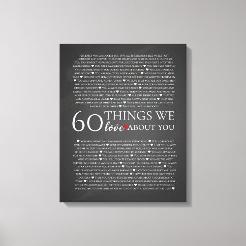 60 things we love about you 70th 80th birthday canvas print