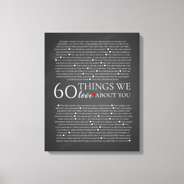 60 things we love about you, 70th 80th birthday canvas print (Front)