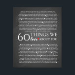 60 things we love about you, 70th 80th birthday canvas print<br><div class="desc">designed by The Arty Apples Limited</div>
