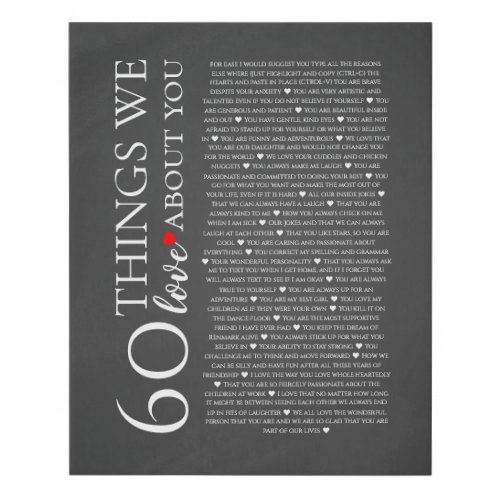 60 things we love about you 70th 80th birthday faux canvas print