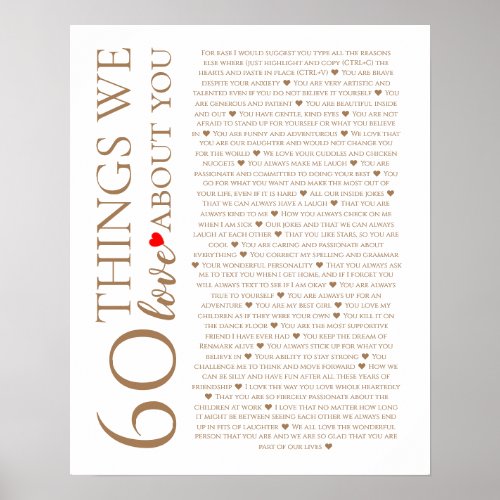 60 things we love about you 70th 80th birthday poster