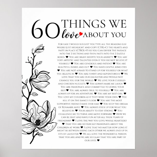 60 things we love about you, 70th 80th birthday poster (Front)
