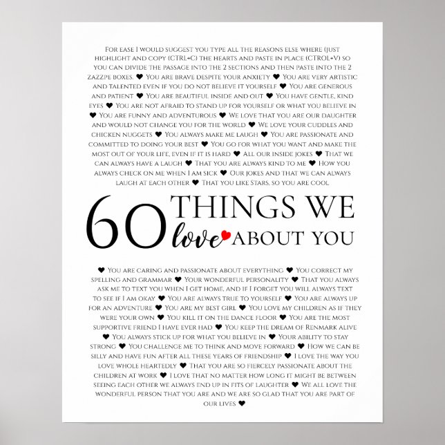 60 things we love about you, 70th 80th birthday poster (Front)