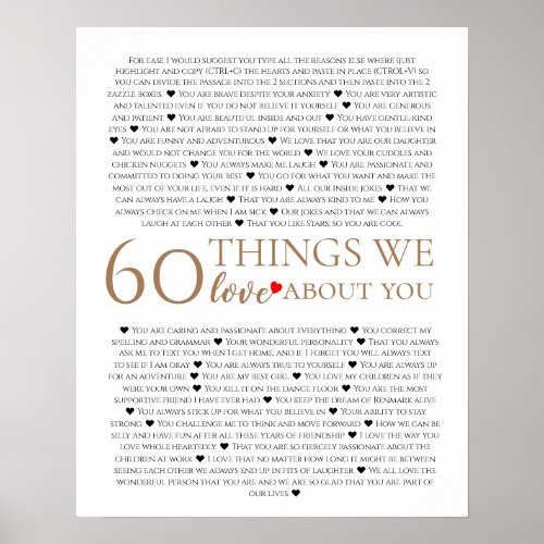 60 things we love about you 70th 80th birthday poster
