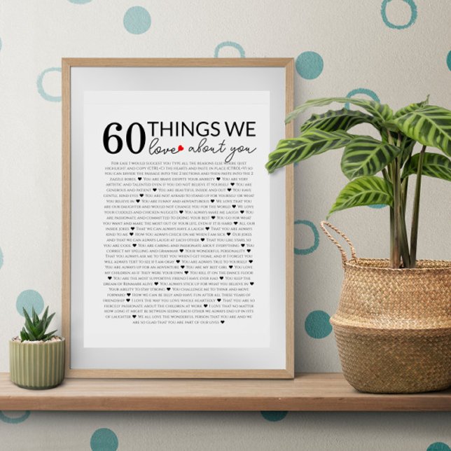 60 things we love about you, 70th 80th birthday poster (Creator Uploaded)