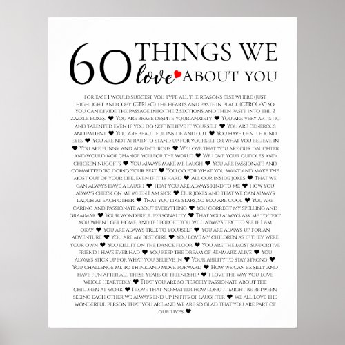 60 things we love about you 70th 80th birthday poster