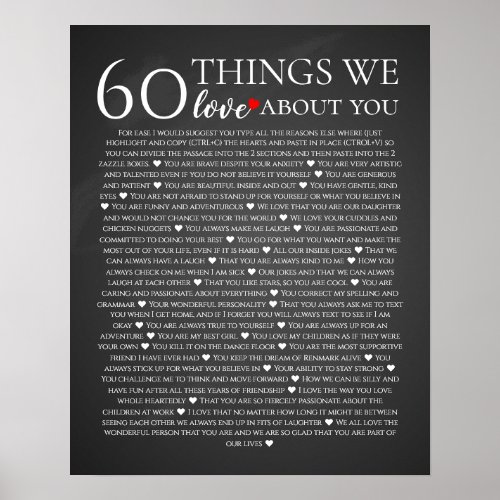 60 things we love about you 70th 80th birthday poster