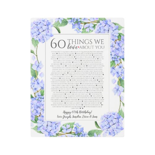 60 things we love about you blue hydrangea gift metal print