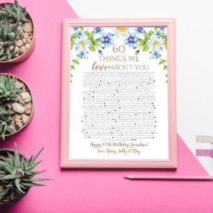 60 things we love about you blue white daisy poster