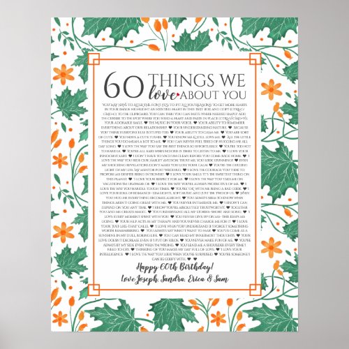 60 things we love about you green gift poster