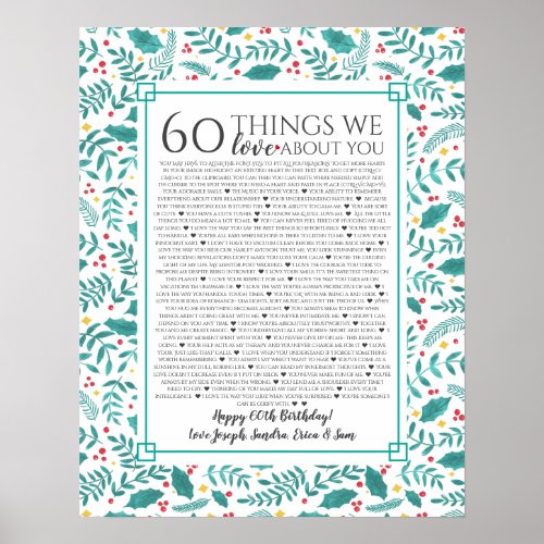 60 things we love about you teal  gift poster