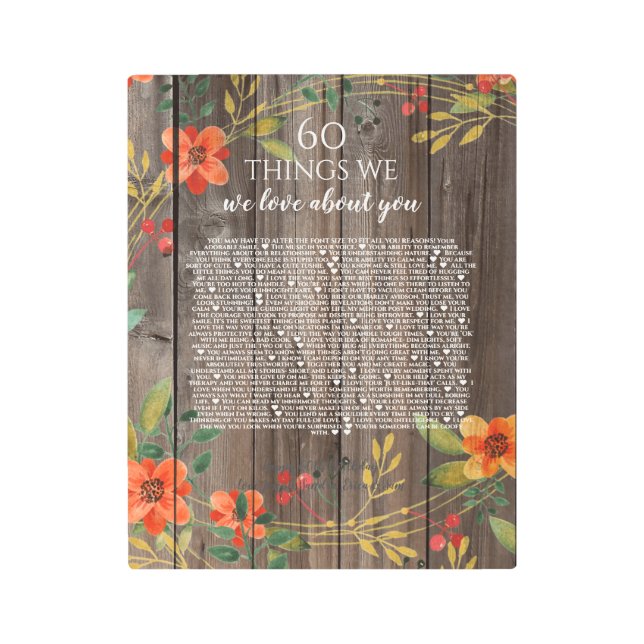 60 things we love about you wood orange flower metal print (Front)
