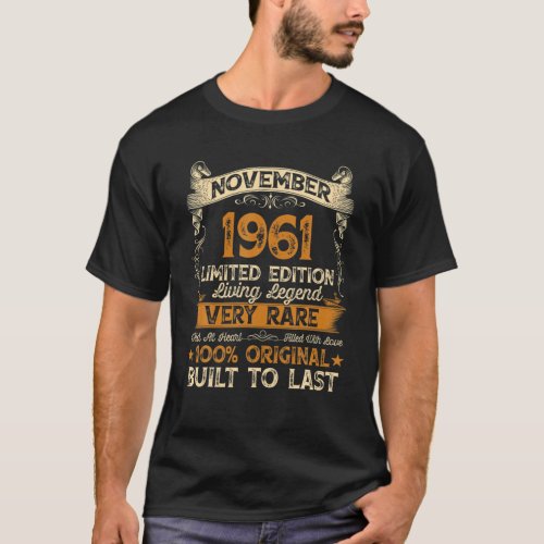 60 Year Old Gifts Vintage November 1961 60Th Birth T_Shirt