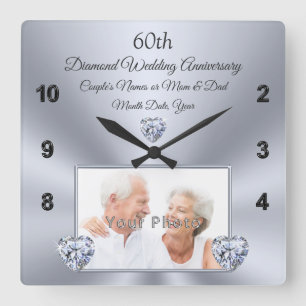 60 Year Wedding Anniversary Gift with PHOTO Square Wall Clock