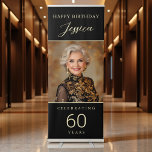 60 Years Birthday Black & Gold Photo Retractable Banner<br><div class="desc">Celebrate 60 years in glamorous style with this black and gold retractable banner. Featuring space for a personal photo and customizable text, this luxe design is perfect as a welcome sign, party display, or photo backdrop. The bold black background paired with shimmering gold accents creates a sophisticated, modern look that...</div>