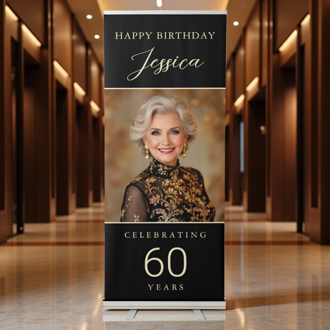 60 Years Birthday Black & Gold Photo Retractable Banner (Creator Uploaded)