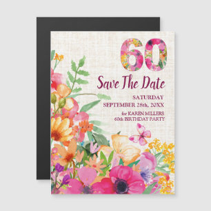 60 Years Floral Linen 60th Birthday Save the Date Magnetic Invitation