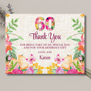 60 Years Flowers Floral Linen 60th Birthday Thanks Postcard