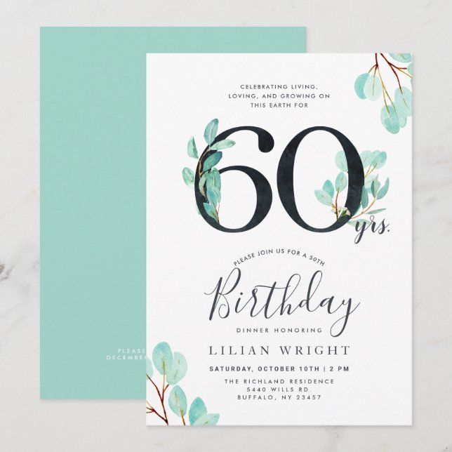 60 Years Growing | 60th Birthday | Eucalyptus Invitation (Front/Back)